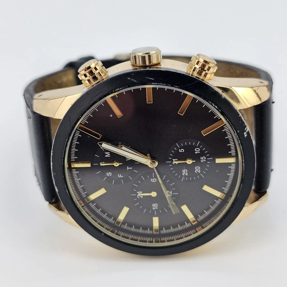 Men's Analog Watch 46MM Black Dial Black Faux‎ Leather Bands New Battery